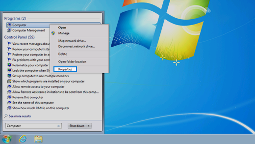 Control panel in Windows 7 operating system.