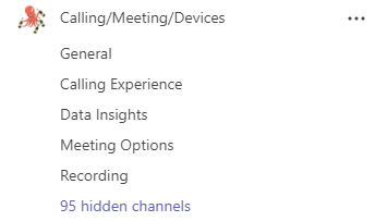 A team called Calling/Meeting/Devices has channels for General, Data Insights, Meeting Options, and Recording. More channels are hidden.